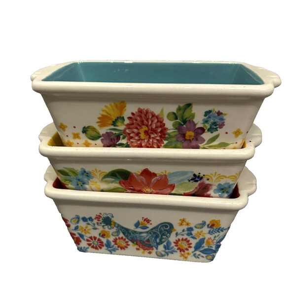 The Pioneer Woman Kitchen Set Of Three Small Ceramic Mini Country Loaf Dishes - Picture 1 of 9